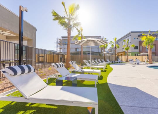 a row of lounge chairs next to a pool in a building
