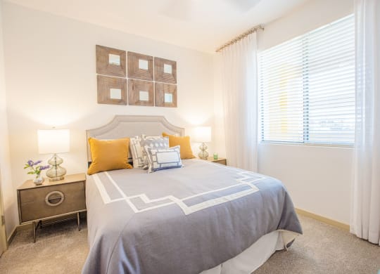 One BR Apartment In Gilbert, AZ - Spacious Bedroom With Carpet Flooring, Window, And Central Air.