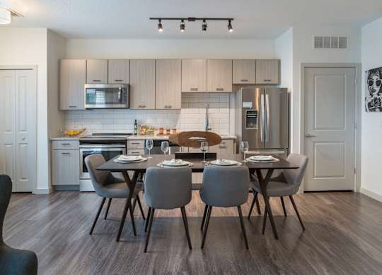 Riverview, FL Apartments – Sole at Brandon - luxury kitchen with stainless steel appliances, granite countertops, hardwood flooring.
