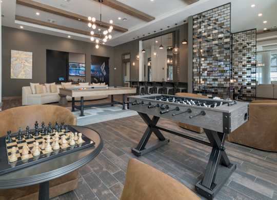 Pet-Friendly Apartments in Riverview – Sole at Brandon - luxury clubhouse with foosball table, chess, and seating area