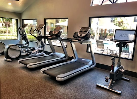 Apartments for Rent in La Jolla, CA - Mirada at La Jolla Colony - Fitness Center with Cardio Machines and Large Windows with Views of the Pool