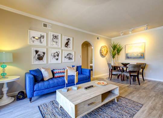 Pet Friendly Apartments in North Phoenix AZ - Ironhorse at Tramonto - Living Room with Wood-Style Flooring, Area Rug, Blue Sofa, Wooden Coffeetable, Side Table with Lamp, and View of Dining Area
