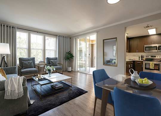 Walnut Creek, CA Apartments for Rent - Ivy Hill - Furnished Living Room with Large Windows, Grey Furniture, and Wood-Style Flooring