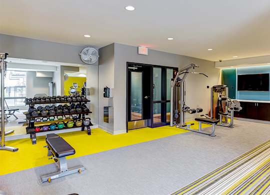 a gym with weights and other equipment in a building