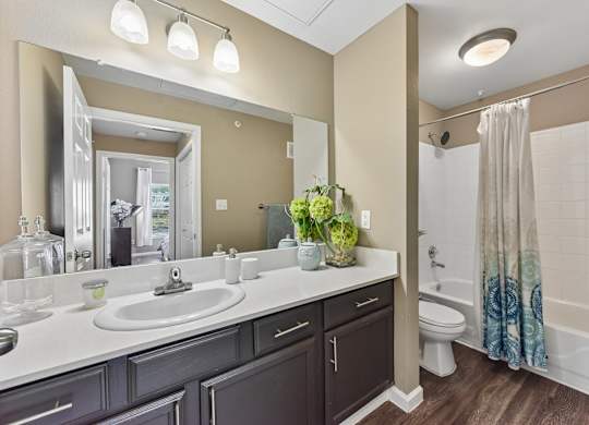 A bathroom with a sink, mirror, toilet, and shower.