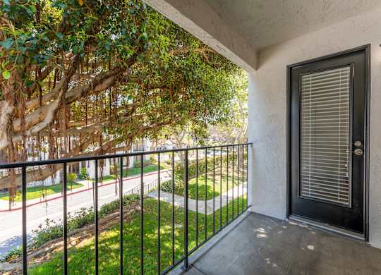 a balcony with a black railing and a door and a tree