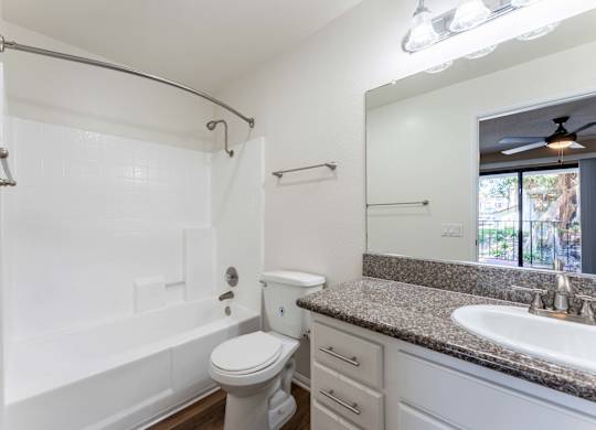 a bathroom with a shower toilet and sink and a mirror