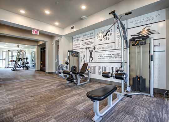 A gym with a variety of equipment including a squat rack, bench and weights.