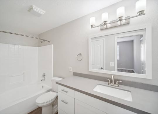 a bathroom with a sink and a tub and a mirror