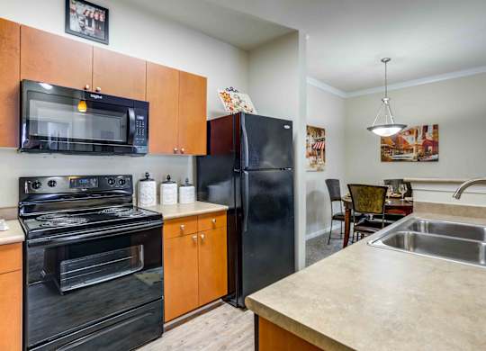 A kitchen with black appliances and wooden cabinets.