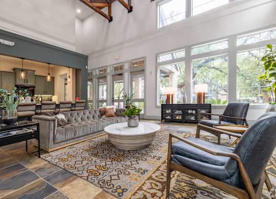 A living room with a grey couch, a coffee table, and a rug.