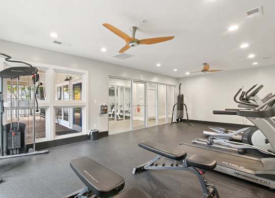 A gym with a variety of equipment including a treadmill, weights, and a bench press.