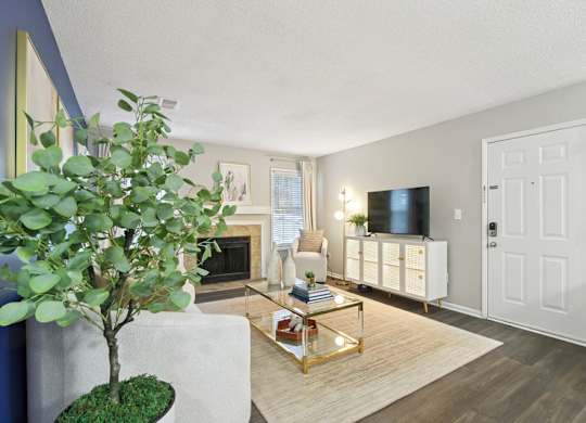 A living room with a fireplace, a tree, and a TV.