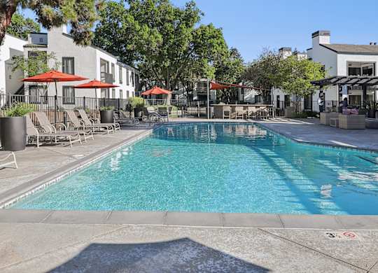 A swimming pool surrounded by lounge chairs and umbrellas.
