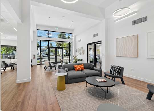 A modern living room with a black couch and a coffee table.