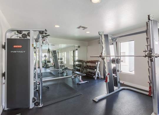 A gym with a row of exercise machines.