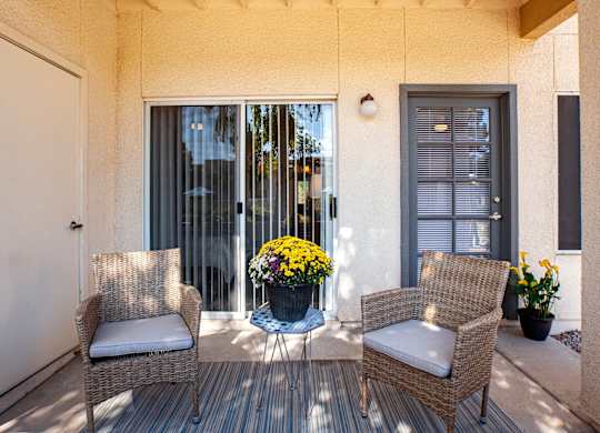 One-Bedroom Apartments in Ahwatukee, Phoenix, AZ - Village at Lakewood - Patio with Outdoor Chairs, Potted Flowers, and an Area Rug.