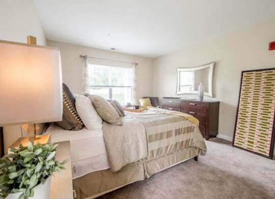 a bedroom with a bed and dresser in it