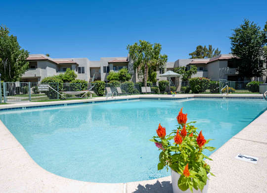Lakewood, AZ, Affordable Apartments - Village at Lakewood - Pool with Lounge Chairs and View of Apartment Complex.