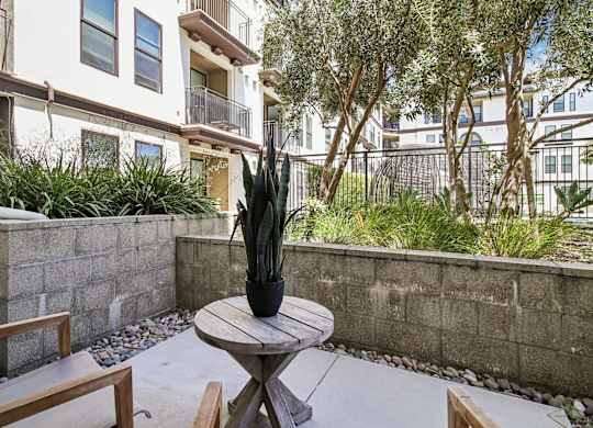 A patio with a table and chairs surrounded by a wall and plants.