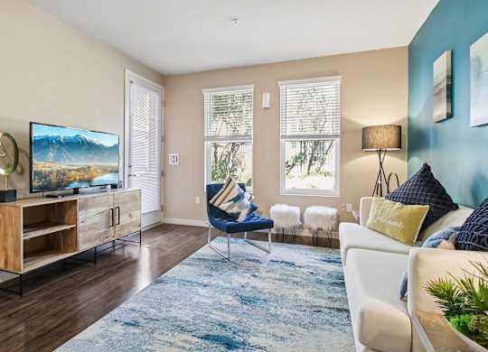 A living room with a TV, a chair, a couch, and a rug.
