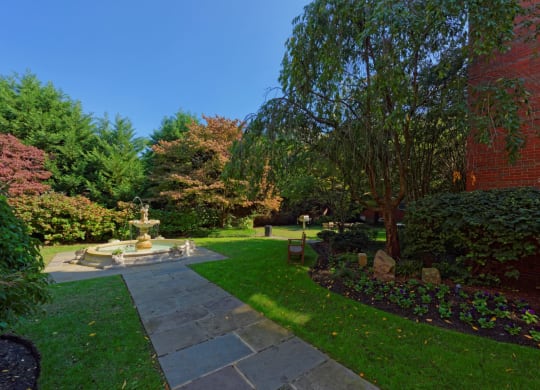 Courtyard with fountain and path at Cathedral Mansions, Washington, DC