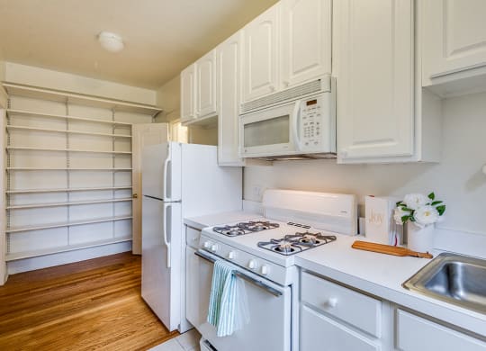 Apartment kitchen with classic finishes and pantry space at 4115 Wisconsin, Washington, DC, 20016