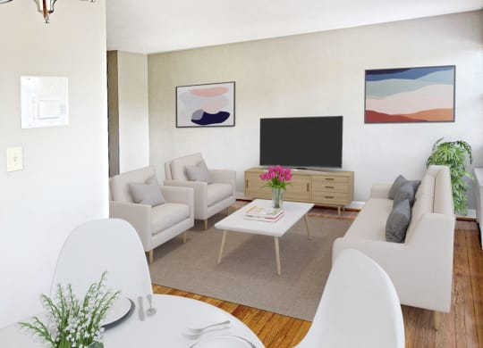 Apartment living and dining area (virtually staged) at Mason Hall in Alexandria, VA 22314