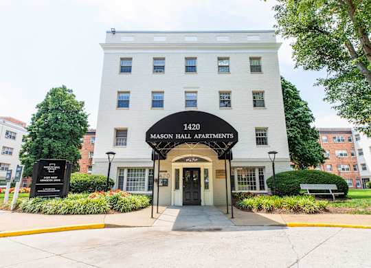 Exterior and entrance at Mason Hall Apartments in Alexandria, VA 22314