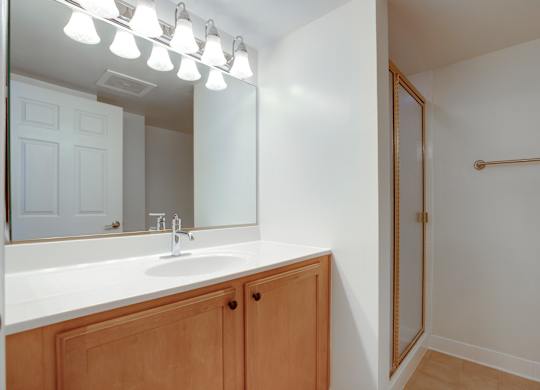 Bathroom vanity and shower at West End Residences, Washington 20037