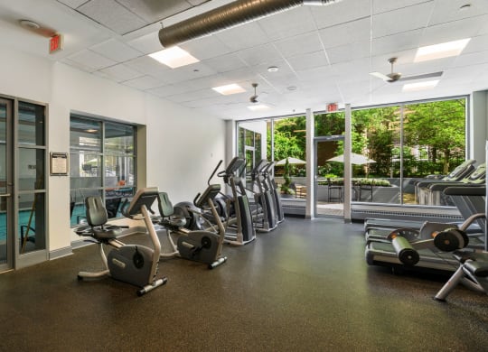 Fitness center with treadmills, ellipticals and free weights at Lenox Club, National Landing, Arlington, 22202