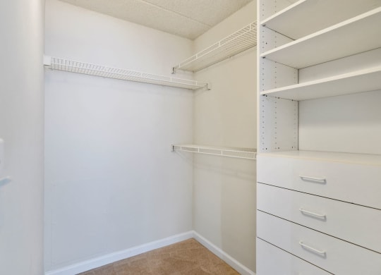 Walk-in closet with shelving and drawers at Lenox Club, National Landing, Arlington, VA 22202