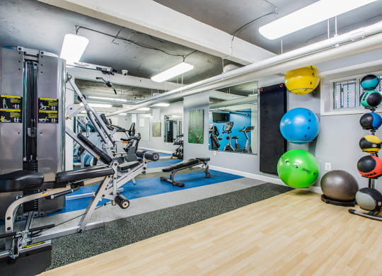 Fitness center with machines and equipment at Highview and Castle Manor, Washington, 20009