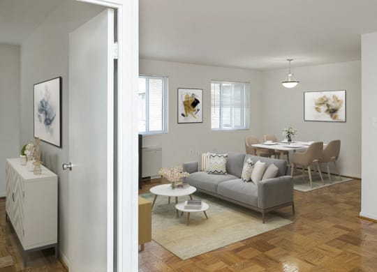 One-bedroom living and dining (virtually staged)  at Legation House in Washington, DC 20015