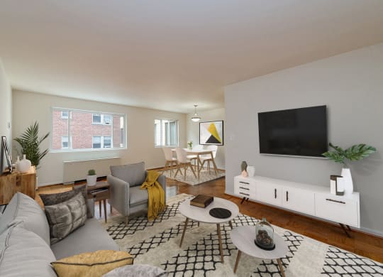 Two-bedroom living and dining (virtually staged) at Legation House in Washington, DC 20015