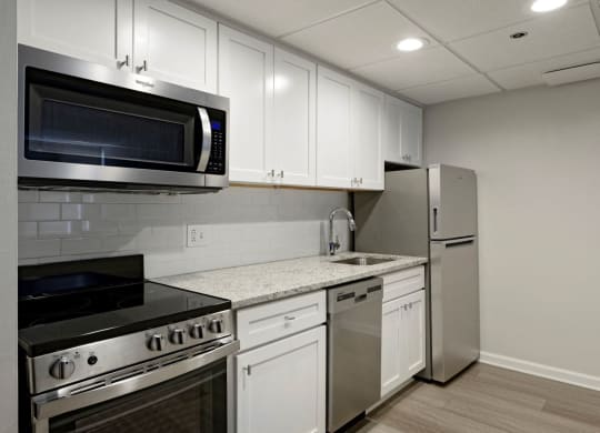 Renovated kitchen with granite countertops and stainless steel appliances  at Lenox Club, National Landing, Arlington, VA 22202