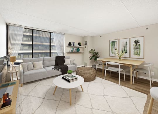 Apartment living area (virtually staged) at Lenox Club, National Landing. Arlington, VA 22202