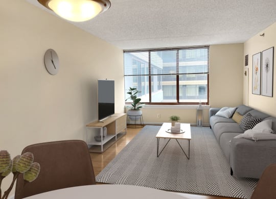 Apartment living area (virtually staged) at Lenox Club, National Landing, Arlington, VA 22202