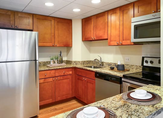 Kitchen with granite countertops and stainless steel appliances  at Lenox Club, National Landing, Arlington, VA 22202