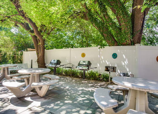 Courtyard with grilling area and seating at Mason Hall in Alexandria, VA 22314