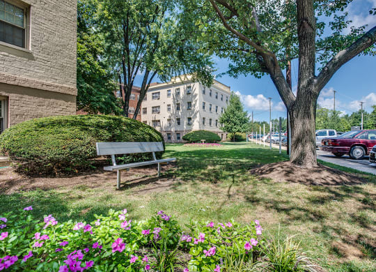 Building exterior and bench at Mason Hall in Alexandria, VA 22314