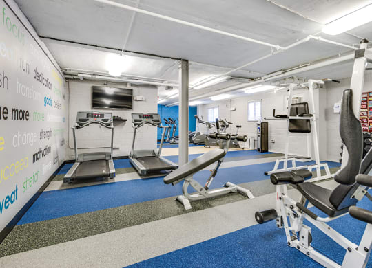 Fitness center with treadmills, machines and free weights at Mason Hall in Alexandria, VA 22314