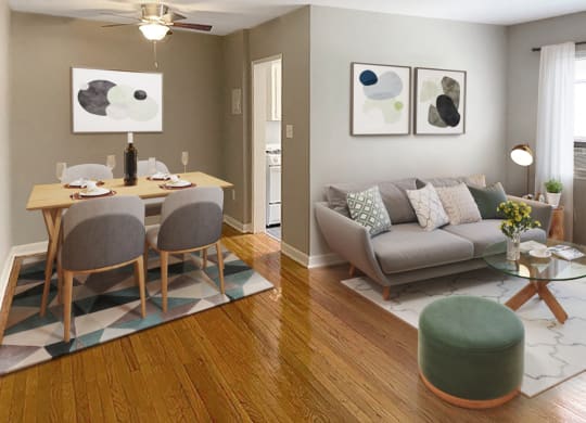 Apartment living and dining area (virtually staged)  at Mason Hall in Alexandria, VA 22314