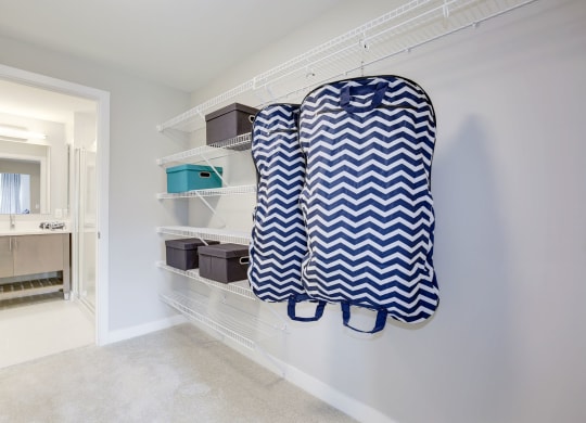 One-bedroom closet and bathroom at Valo Apartments, District of Columbia 20024