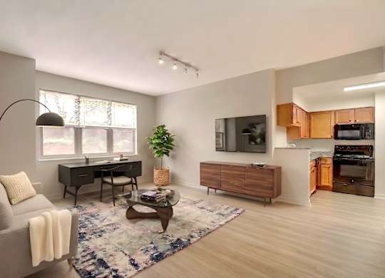 Living room and kitchen at West End Residences, Washington, 20037