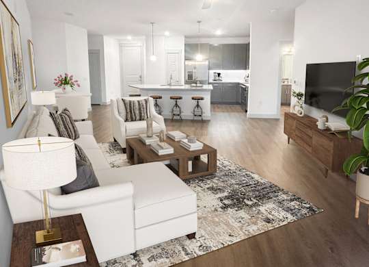 A modern living room with a white sofa and a coffee table.