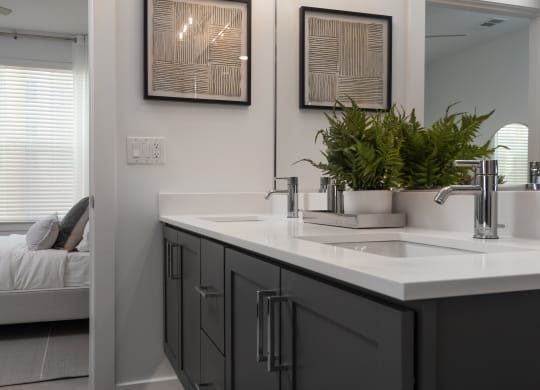 a bathroom with a sink and a mirror and a bed