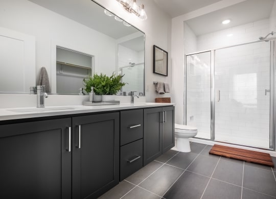 a black and white bathroom with a shower and sink