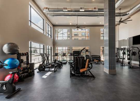 A spacious gym with various exercise equipment and a large window.