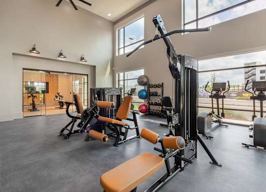 A gym with a variety of equipment including a squat rack, bench, and mirrors.